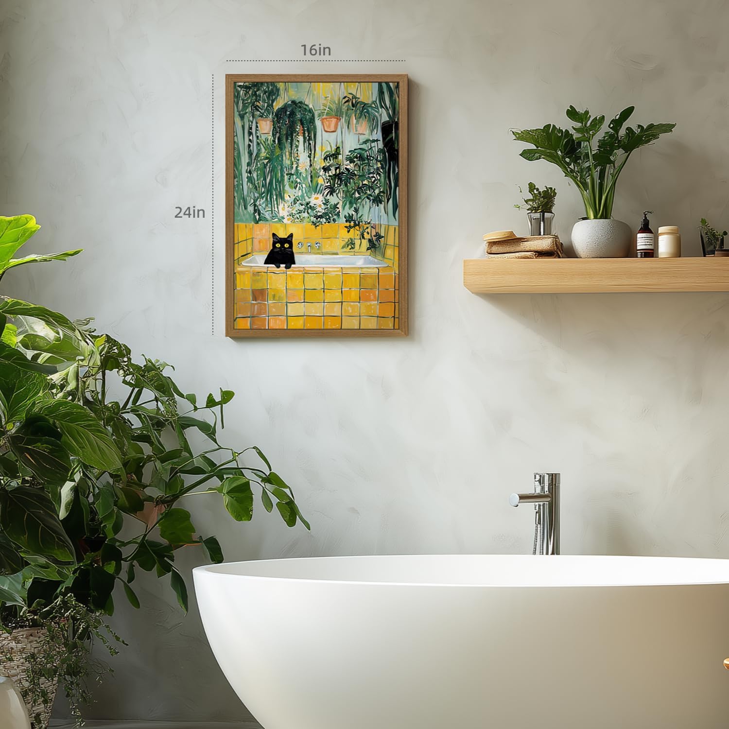 Grajoy Wood Framed Funny Cat Bathroom Wall Art, Cute Cat in Bathtub Wall Decor, Green Botanical Bathroom Canvas Painting, Whimsical Animal Aesthetic Picture for Laundry Room Restroom 12x16 Inch