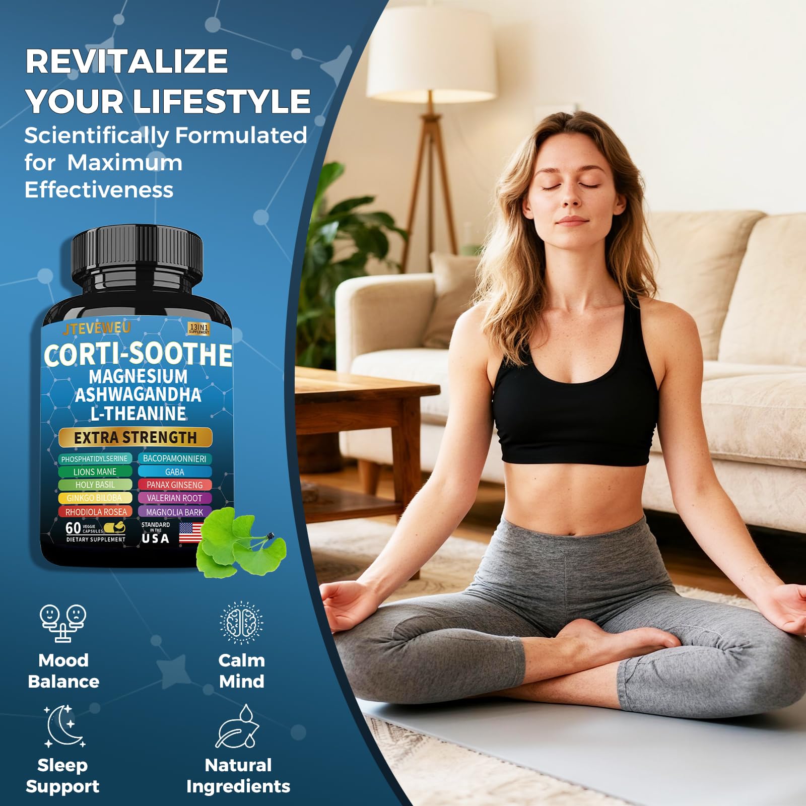 Corti-Soothe Cortisol Supplement for Women and Men with Magnesium Glycinate , L-Theanine , Phosphatidylserine High Cortisol Reducer, Manager, Detox, Lower and Control. Sleep Support & Stress Relief — Amazon image 5