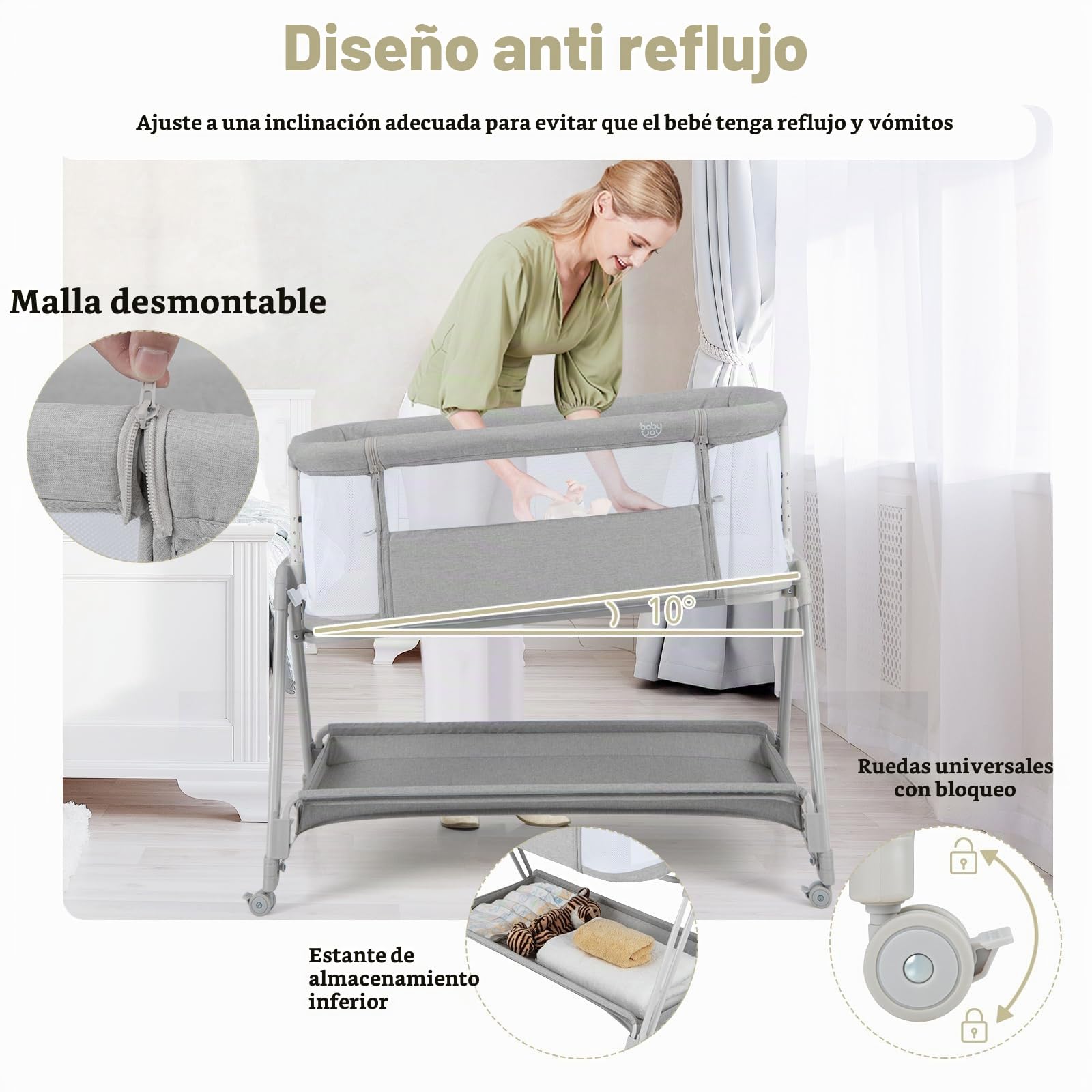LIFEZEAL Plegable Cuna Colecho 97 x 56 x 71,5-86,5 cm, Cuna de Viaje con Estante de Almacenamiento, Cunas para Bebes con Ruedas, Carga 9 kg