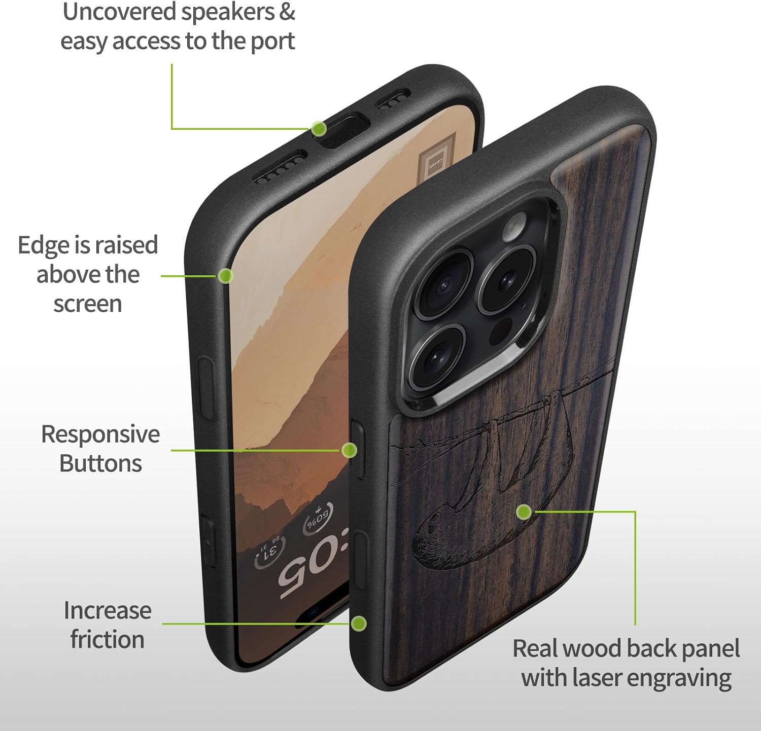 Carveit Magnetic Wooden Case for iPhone 16 Pro Max Case, Wood Artisan Engraved & Black Soft TPU Shockproof Cover, Compatible with MagSafe Wireless Chargers (Hanging Sloth) Blackwood