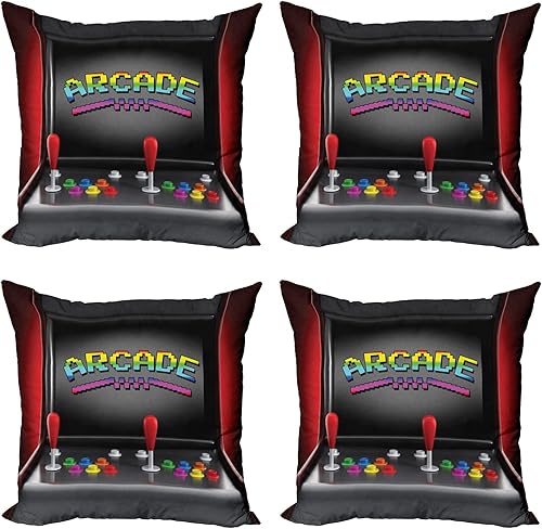 Ambesonne Juego de 4 fundas de almohada decorativas para videojuegos, máquina de arcade, diseño retro con botones de joystick vintage de los años 80