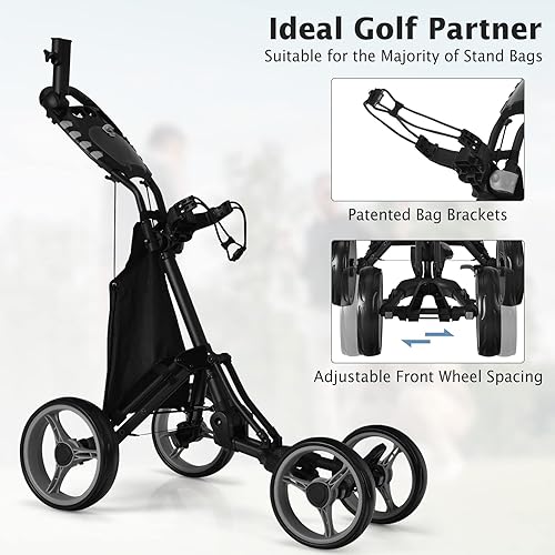 Miniatura 5 de Tangkula Carrito de golf de empuje, carrito de golf plegable de aluminio ligero con 4 ruedas, carrito de golf con freno de pie, portavasos gratis y
