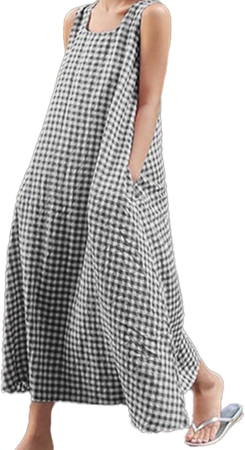SEMATOMALA Women's Casual Loose Fit Cotton and Linen Plaid Tank Maxi Dress Summer Gingham Swing Long with Pockets