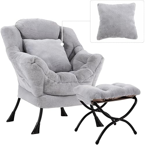 Lazy Chair with Ottoman, Comfy Reading Lounge Chair with Footstool & Throw Pillow Modern with Armrests & Side Pocket for Living Room, Bedroom, Dorm Room, Plush Grey