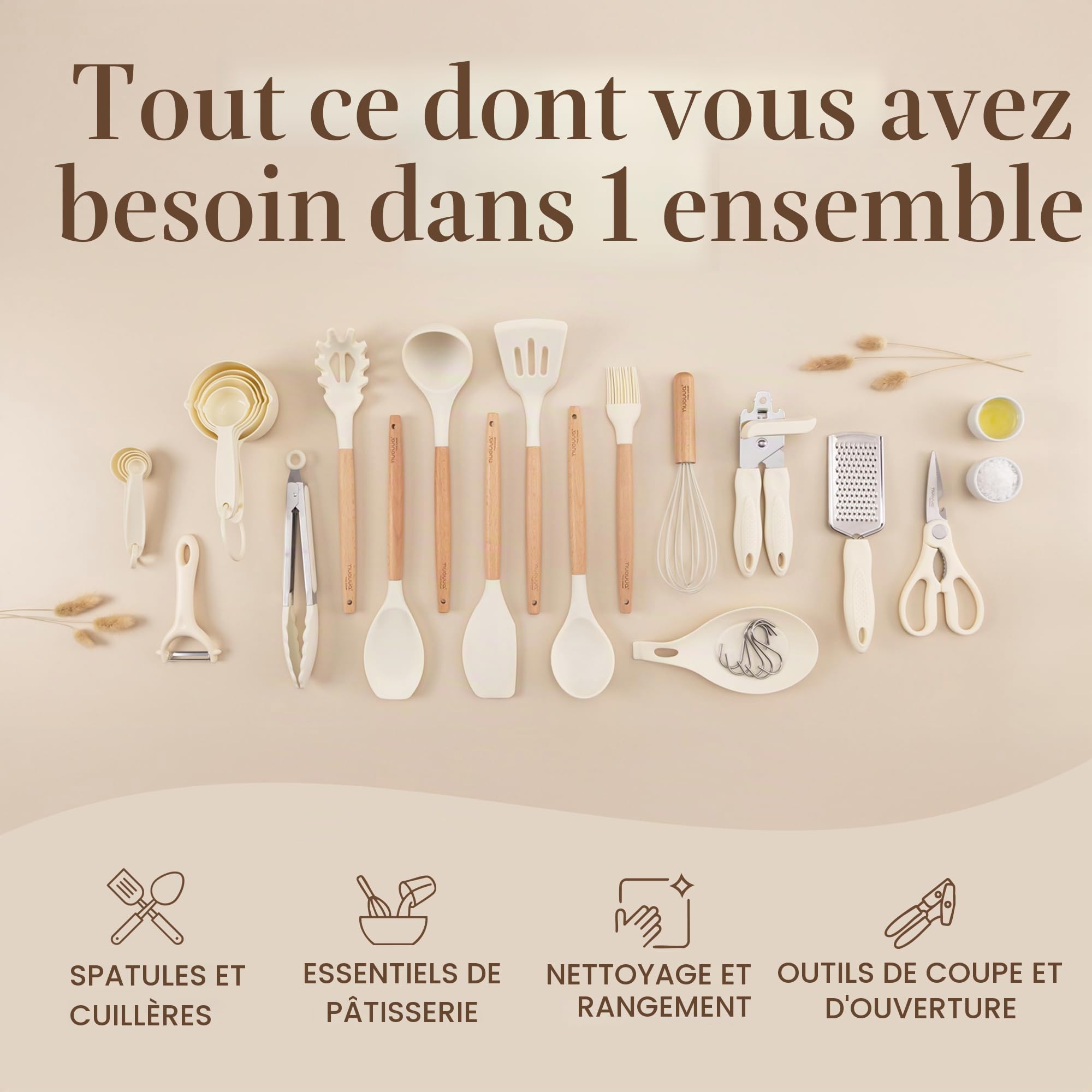 Ustensiles de cuisine antiadhésifs - Ustensiles en silicone résistants à la chaleur avec manche en bois - Ensemble de louches, cuillères et spatules - Outils et accessoires de - 35 pièces, Crème