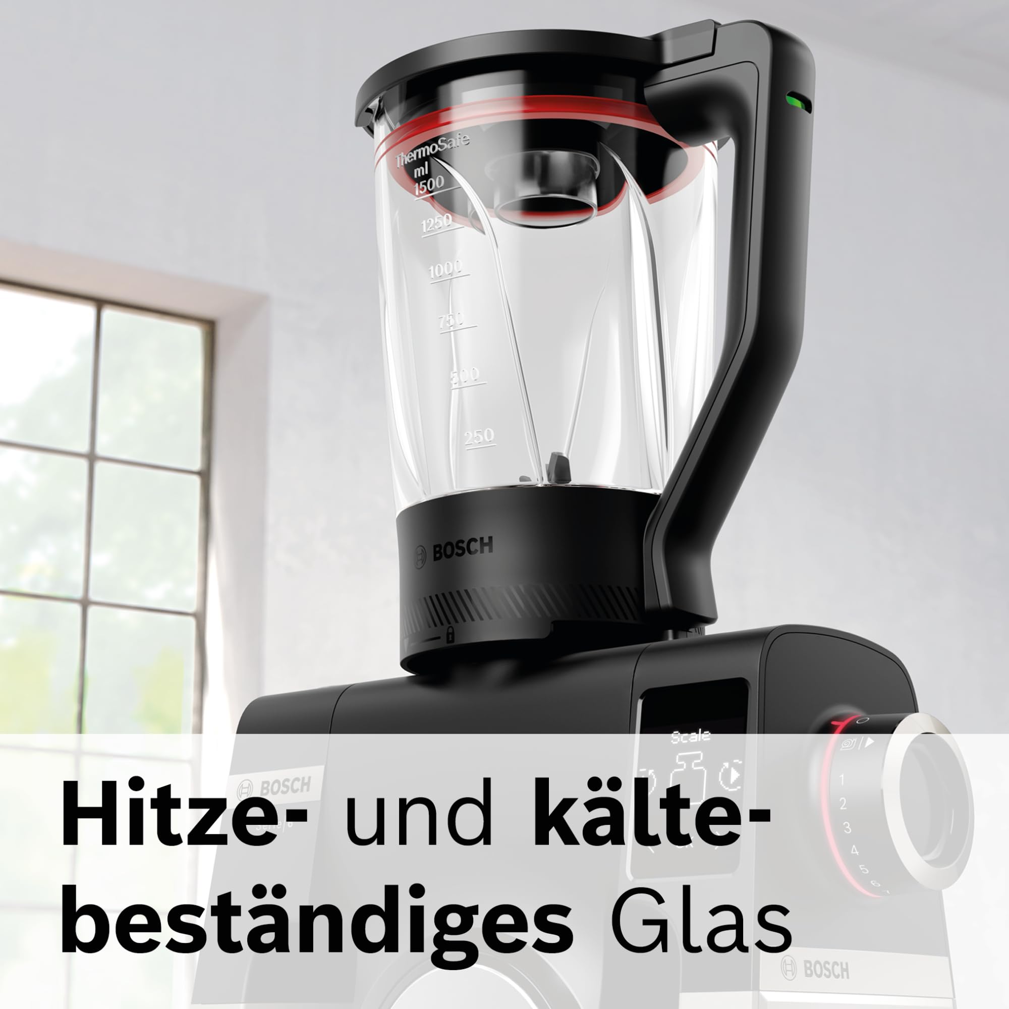 Bosch Mixer MUZS6MX, Zubehör passend für Küchenmaschine Serie 6, Smoothie Maker, Glas, 1,5l, hitzebeständig, kältebeständig, spülmaschinenfest, mit Stopfer