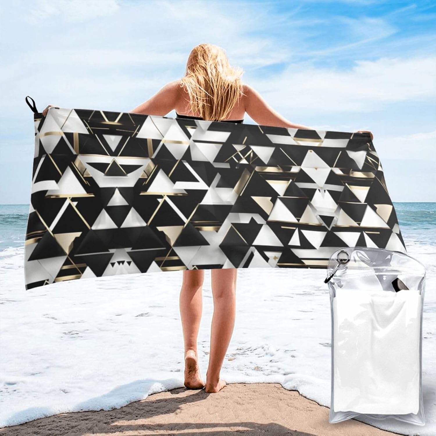 Fashion Modern Black White Gold Triangle Quick Drying Bath Towel,Microfibre Soft Large Bath Towel,Highly Absorbent Dry Quickly Bath Sheet