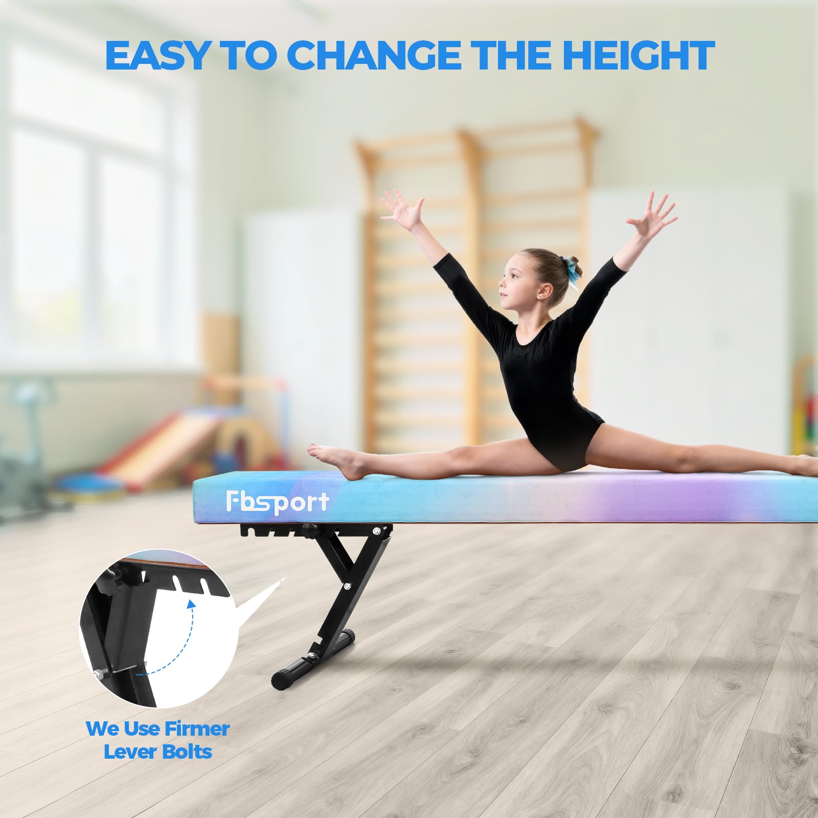 FBSPORT Barra de Equilibrio Ajustable de Gimnasia de 244 cm, 5 Alturas Ajustables bajo, Altamente Estable, Equipo de Entrenamiento para práctica de Gimnasio para niños