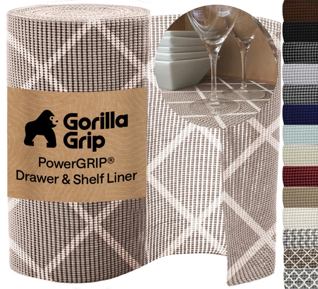GORILLA GRIP powerGRIP Drawer Shelf and Cabinet Liner, Thick Strong Hold, Non-Adhesive Liners Protect Kitchen Cabinets and Cupboard, Bathroom Drawers, Easy Install, Breathable Mat, 20" x30', Beige