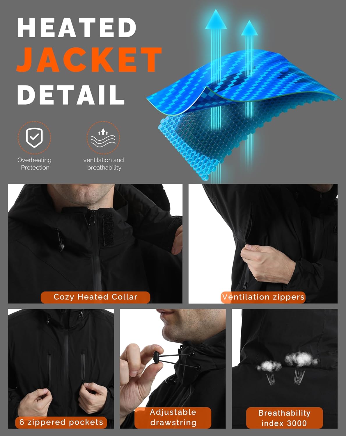 SAVIOR HEAT Men's Heated Jacket with Battery Pack, 7.4 V 5 Heating Zone Winter Heated Coat Windproof Electric Soft Shell - Image 5
