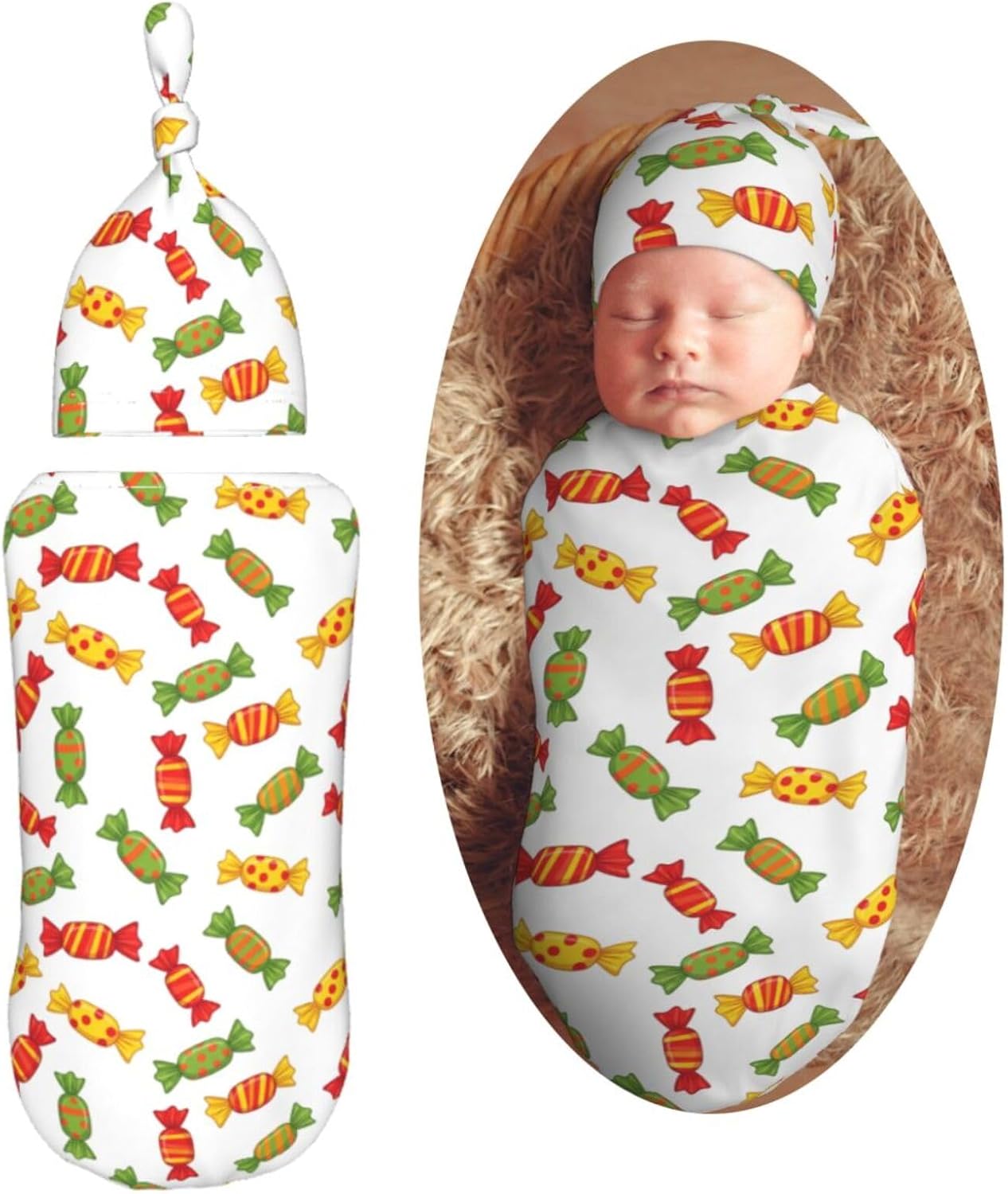 Colorful Candy Newborn Swaddle Blankets Hat Sets Soft Baby Receiving Blanket Swaddle Sack for Baby Shower Infant Boy Girl Gift