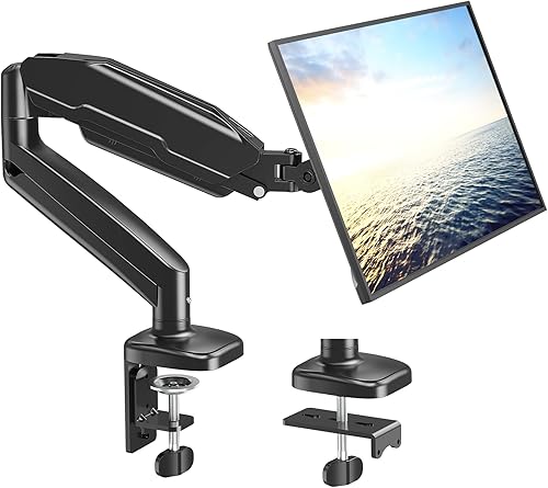 MOUNTPRO - Soporte de escritorio para monitor, brazo articulado con resorte neumático, soporte de escritorio extraíble VESA con abrazadera y base de