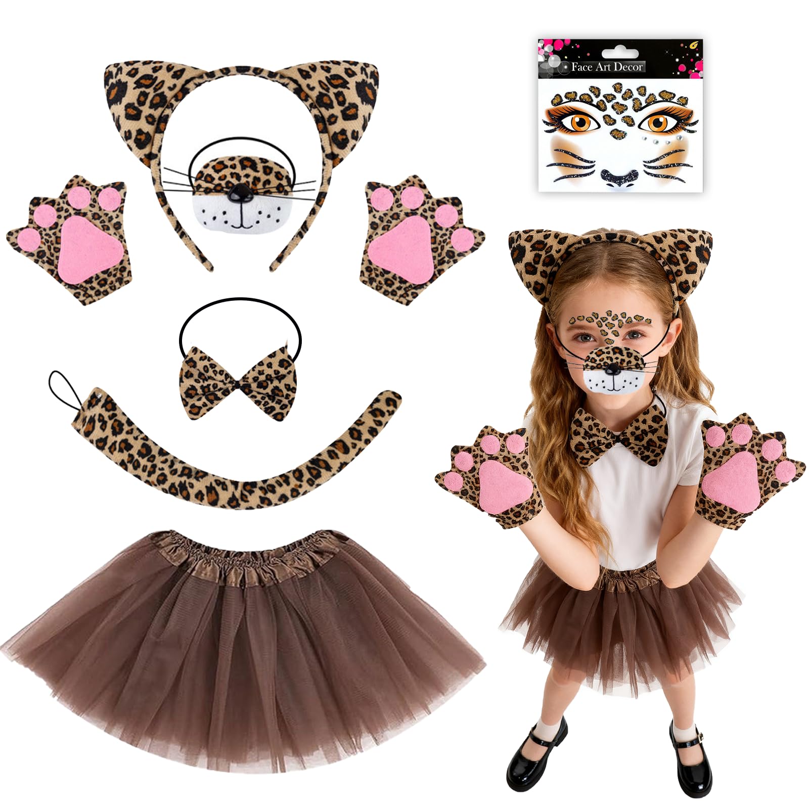 7 Pcs Leopard Costume Set, Animal Costume with Leopard Face Sticker Headband Bow Tie Nose Tutu Skirt Gloves Tail