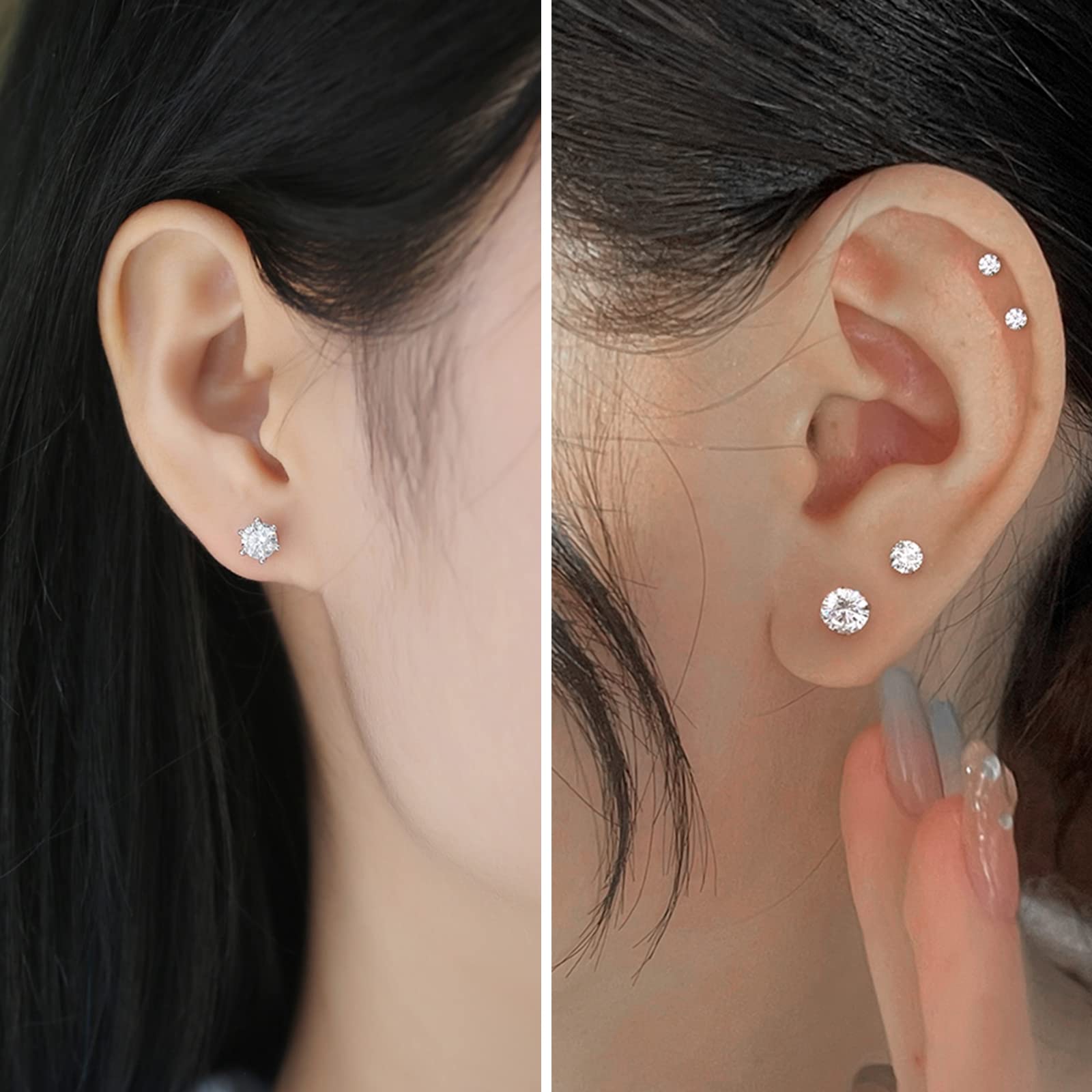 6 Paia Orecchini Uomo Diamante Donna con Zirconia Cubica, Anallergici in Acciaio Chirurgico al Titanio, Brillantini 3 - 8 mm, Bianco