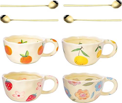 Miniatura 1 de 4 tazas de café de cerámica de 8.5 onzas, lindas tazas de café florales retro con asa y cuchara, taza de arte con leche irregular, regalo para el
