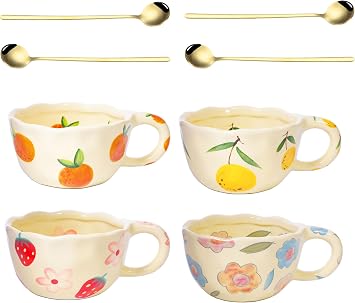 4 pcs Ceramic Coffee Mug 8.5oz Cute Floral Coffee Mug Retro Floral Cup with Handle Spoon Irregular Latte Art Cup Valentines Day Gift Office Home Dishwasher and Microwave Safe 4-piece set A