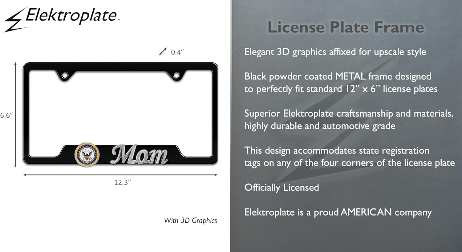 Elektroplate Officially Licensed – United States Navy Mom Black All-Metal Open Corner Premium 3D License Plate Frame Tag Holder for Cars/SUVs/Trucks Weather-Proof Automotive Accessory