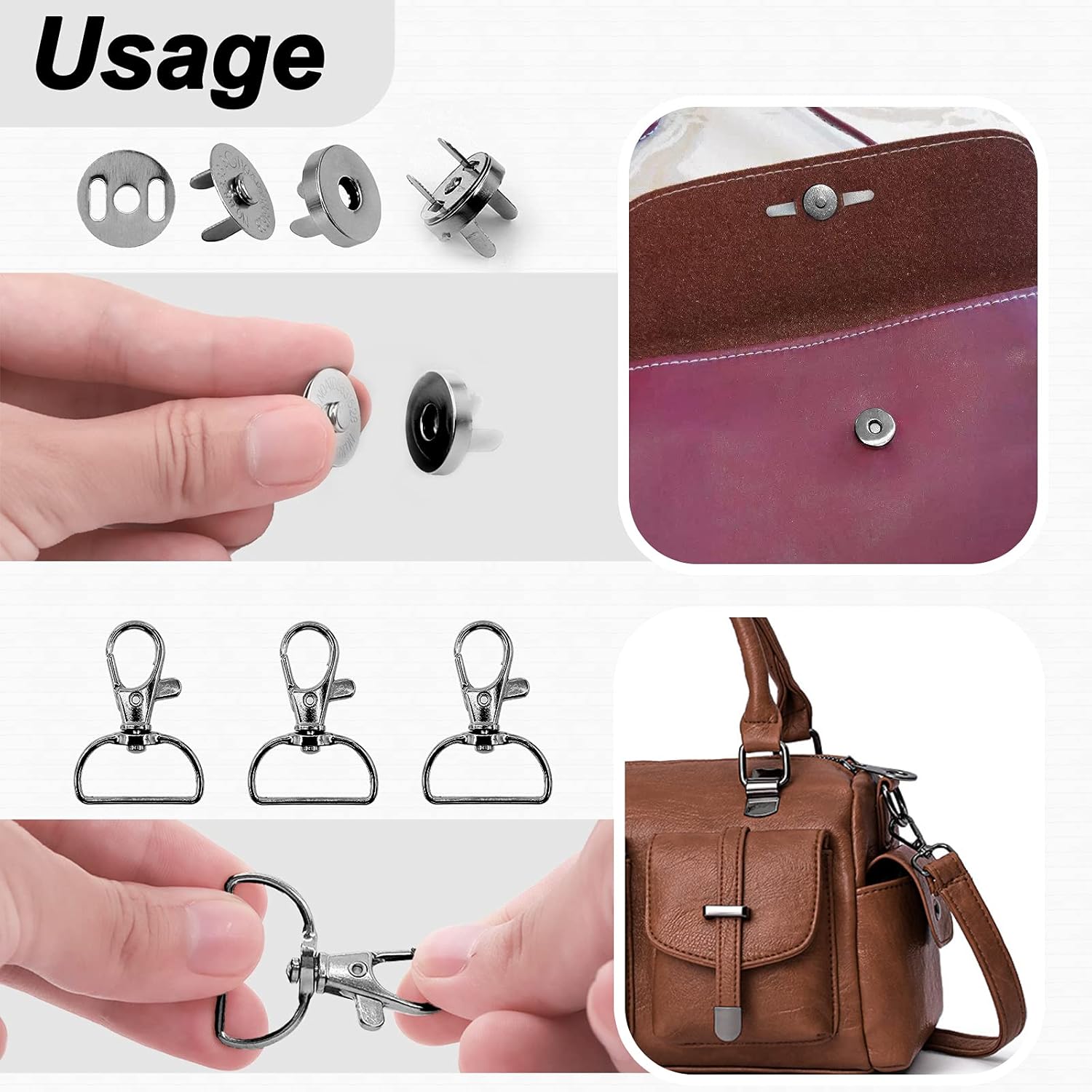 280Pcs 1" Purse Hardware Buckles Set with 0.7" Magnetic Snap Buttons, Include D Rings, Swivel Clasps, Slide buckles, Metal Rectangle Ring Buckles (Black, Silver)
