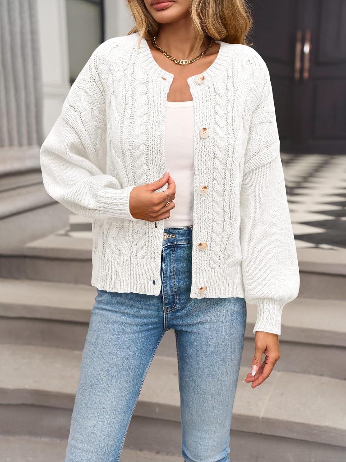 Yousify Womens Open Front Cardigan Sweaters Casual Cable Knit Long Sleeve Button Down Chunky Loose Fall Sweater - Image 2