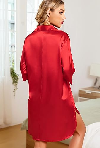 Miniatura 5 de Samring Camisones de seda para mujer, manga 34, con botones, camisola de satén para dormir