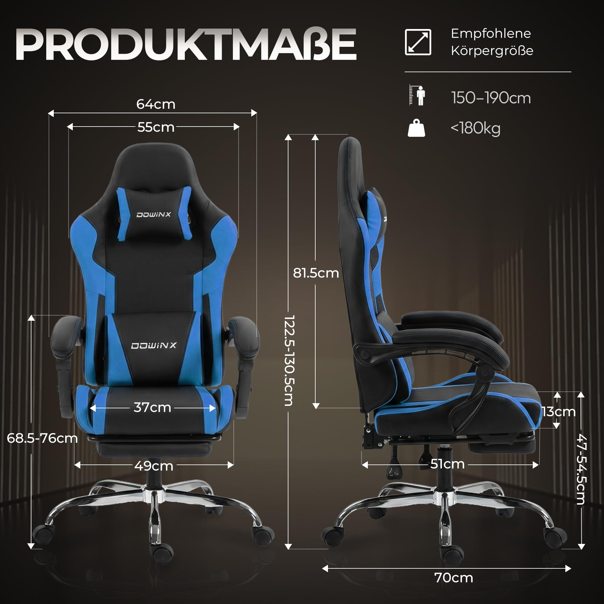 Dowinx Fotel gamingowy, ergonomiczne krzesło dla graczy z podnóżkiem, krzesło biurowe do biura i biura domowego, oparcie regulowane do 150°, obciążenie do 180 kg, niebieskie