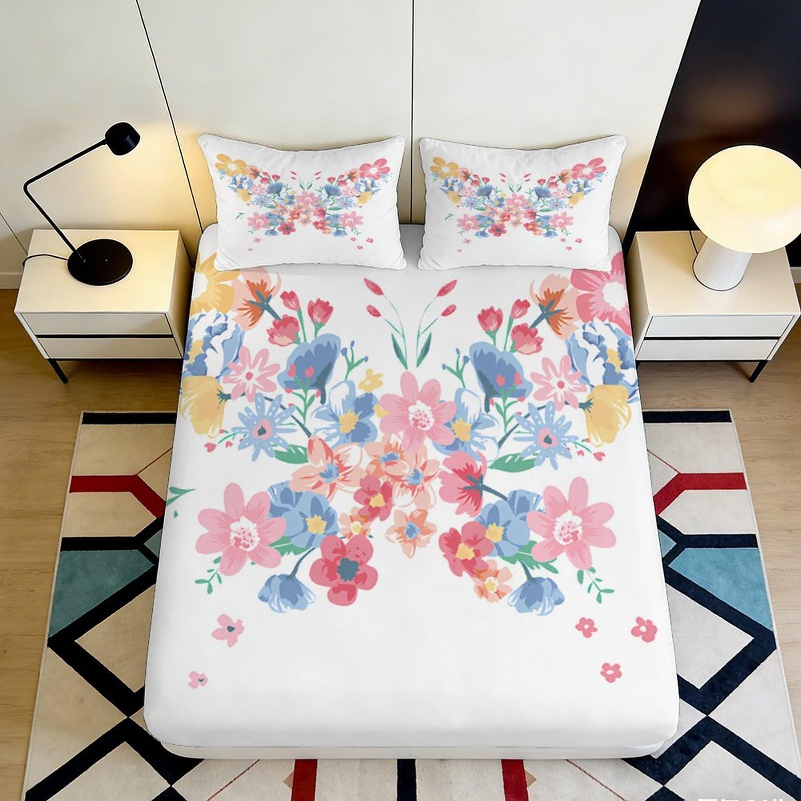 3D Printed Butterfly Floral Fitted Sheet Microfiber Soft Breathable Mattress Cover for Bedroom Guest Room Decor 90x200x25cm