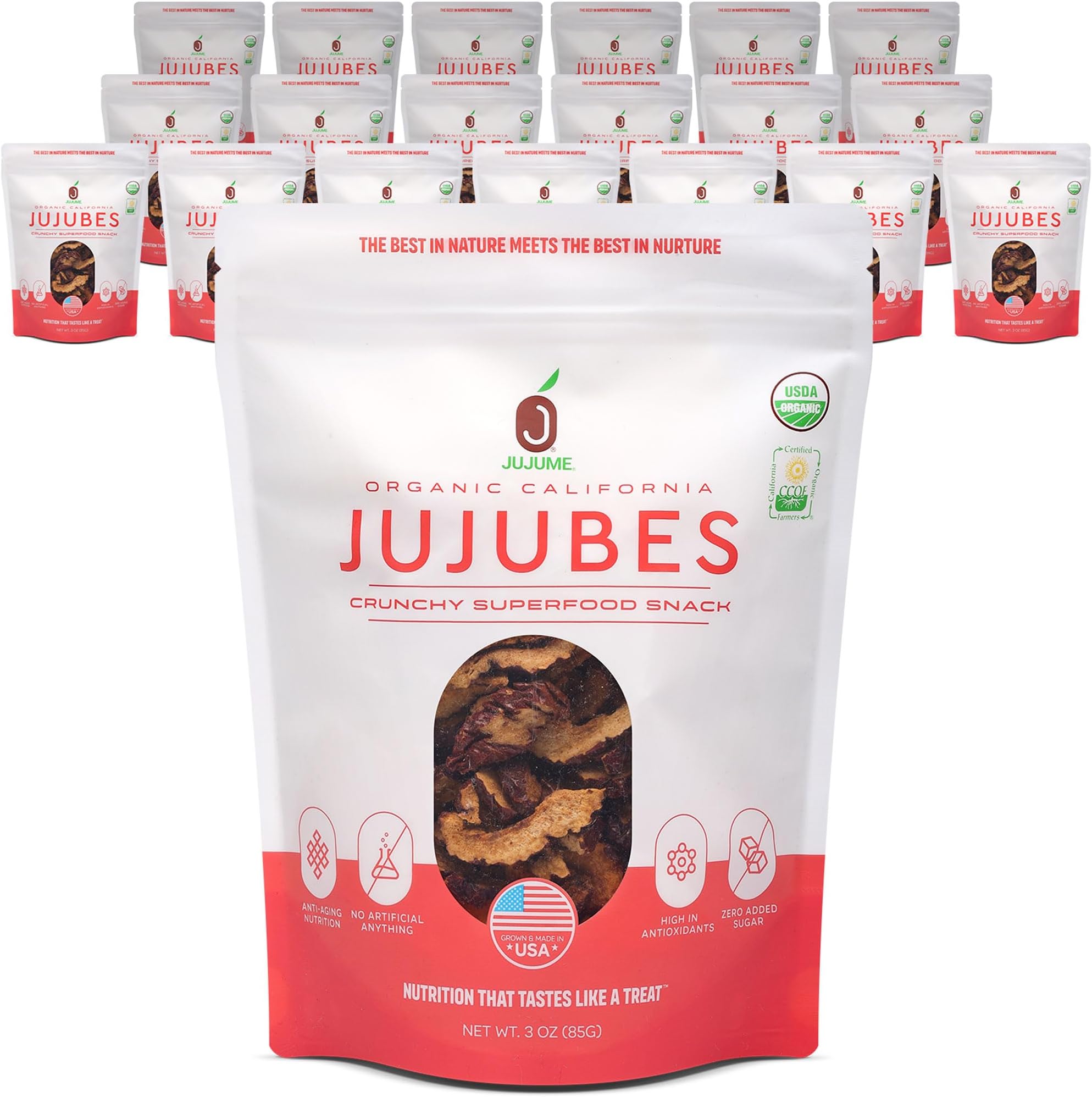 JUJUME Organic Jujube Chips, No Added Sugar Fruit Chips, 3 oz, 20-Pack