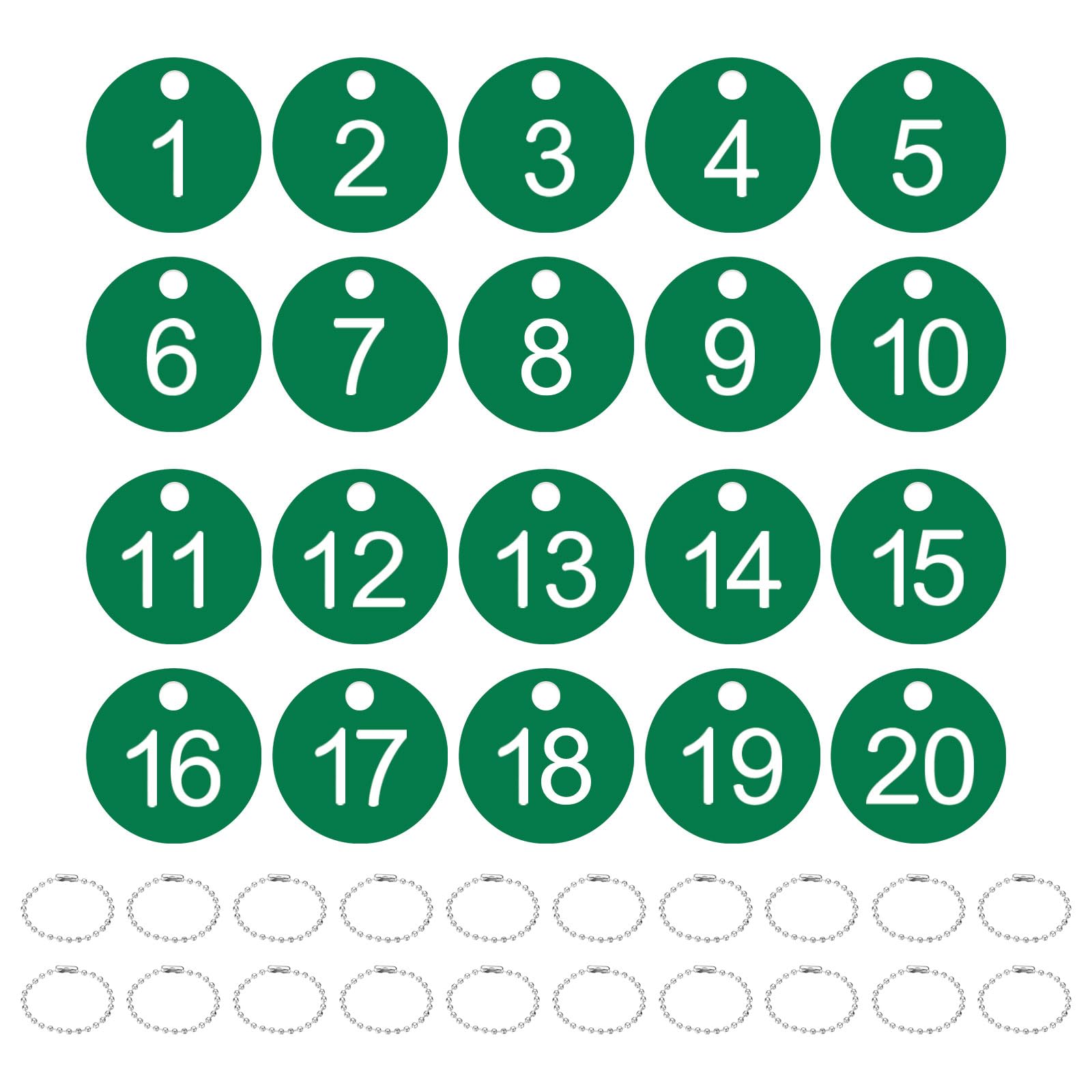 PATIKIL 1-20 Number Tags, 20Pcs Round ID Number Key Tags Plastic Numbered Keychain with Key Rings for Luggage Lockers Organizer Field Sales Hangers Clothes Labels, White-Green