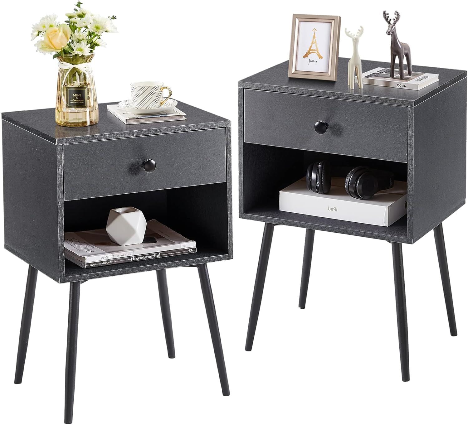 VECELO Nightstands Set of 2 Industrial 2Tier Night Stand