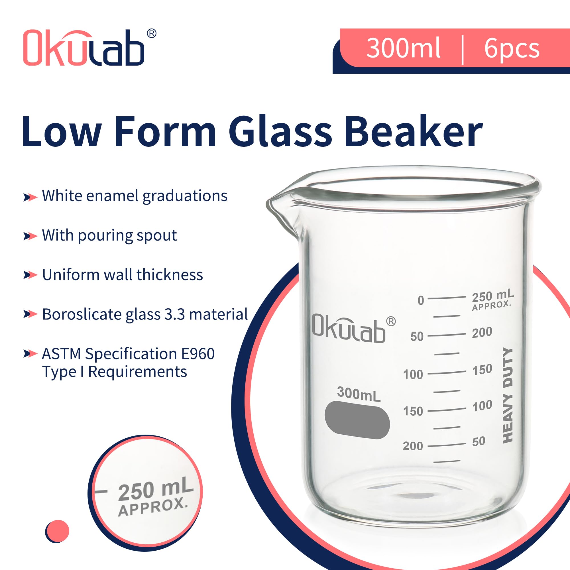 BKLG300A6-X - Juego de 6 vasos de vidrio de 300 ml, vasos de vidrio graduado para laboratorio, aula, manualidades, cocina, BKLG300A6-X