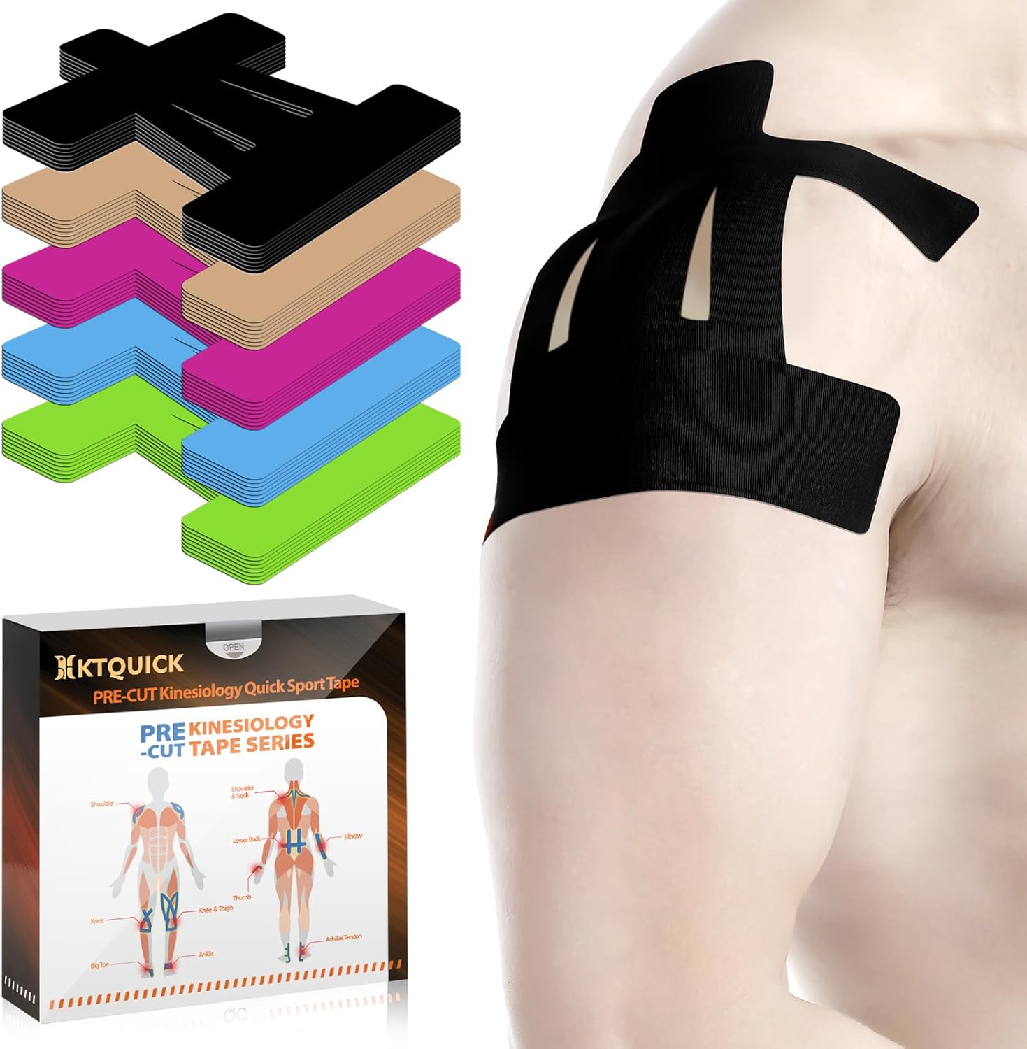 Kinesiology Tape for Shoulder Precut, 12 PCS Shoulder Tape for Pain Relief, KTQUICK Original Cotton Waterproof & Breathable, Enhance Elastic Sports Tape for Pain Support and Muscle Sports, Black Black 12PCS