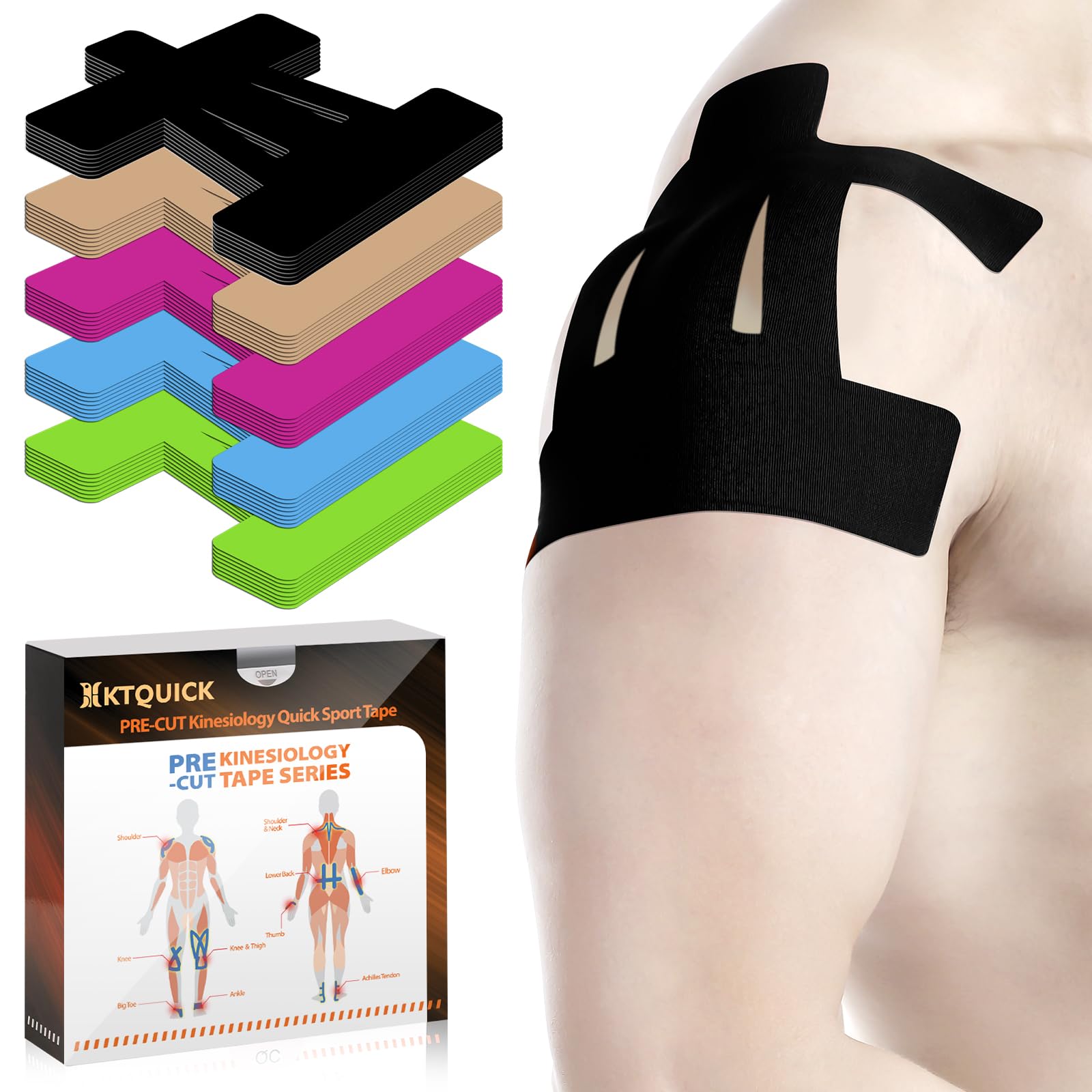 Kinesiology Tape for Shoulder Precut, 12 PCS Shoulder Tape for Pain Relief, KTQUICK Original Cotton Waterproof & Breathable, Enhance Elastic Sports Tape for Pain Support and Muscle Sports, Black