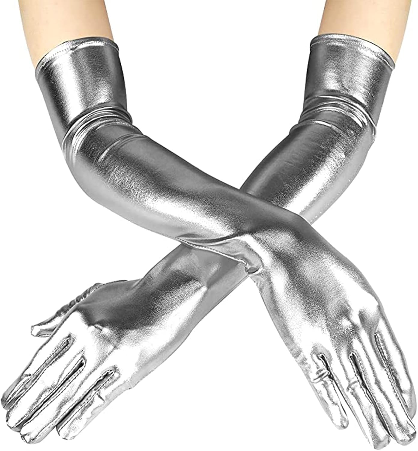 Luwint 2 Pairs Women Sexy Wet Look Black and Silver Long Gloves for Costume Cosplay Photoshoot - Image 7