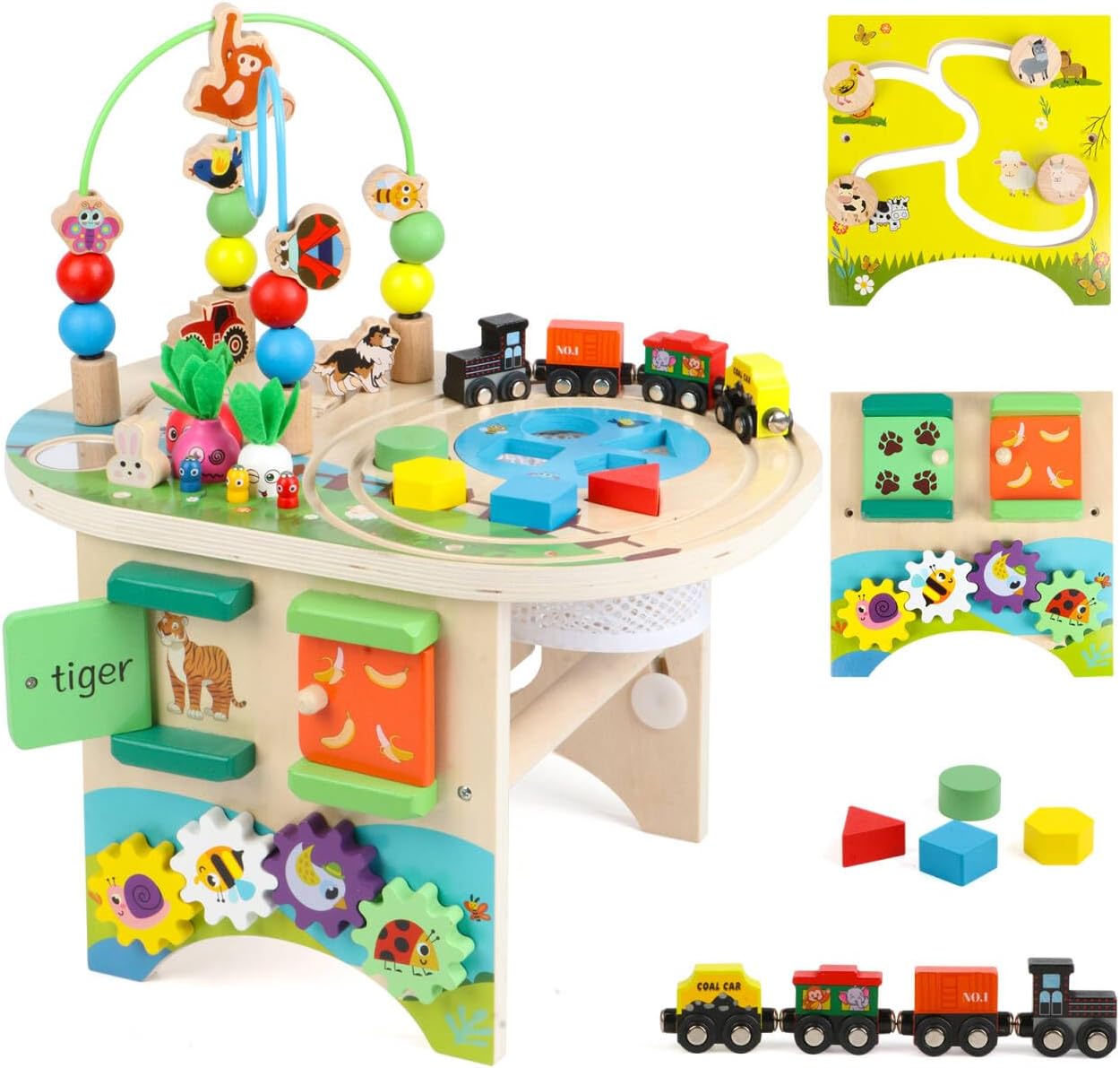 Activity Table for 1 Year Old Montessori Educational Learning Toys for 1 2 Year Old Girls Boys Toddlers Baby 12-18 Months 1st First Birthday Gifts 10 in 1 Wooden Bead Maze Sensory Center Toys
