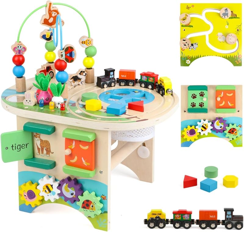 Mesa de actividades para 1 año Juguetes educativos de aprendizaje Montessori para niñas de 1 2 años Niños pequeños Bebé de 12 a 18 meses Regalos del primer primer cumpleaños 10 en 1 Laberinto de cuentas de madera Juguetes del centro sensorial
