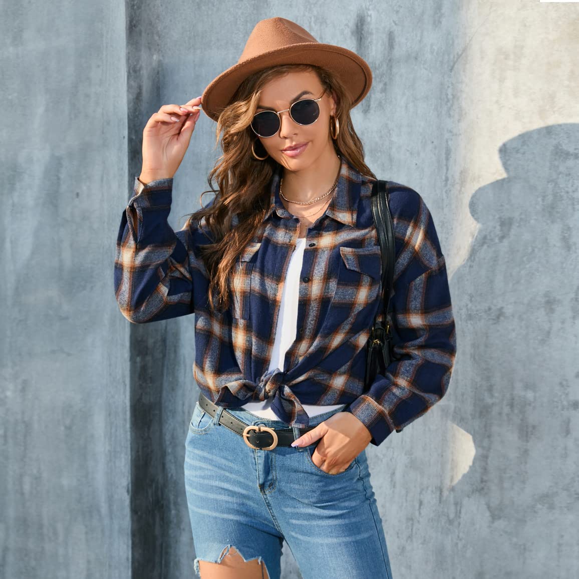 TEMKIN Blusa Camisa De Botón A Cuadros De La Moda De Mujeres-Azul Oscuro-SG