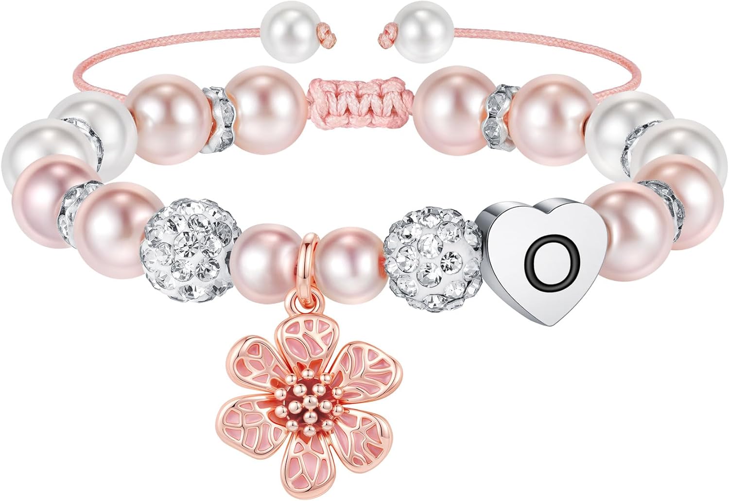 MONOOC Flower Charm Bracelet for Kids Girls - Initial Bracelets for Girl, Adjustable Pearl and Rhinestone Beaded Bracelet Jewelry Flower Girl Birthday Gifts for Girls Kids Granddaughter Niece