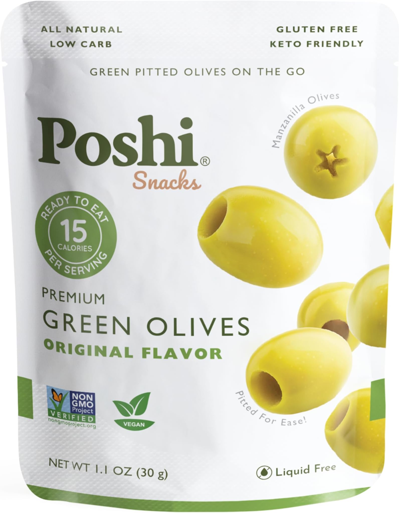 Poshi Green Olives On-The-Go - Original Flavor - Single Serve Pitted Olives - Convenient and Healthy Snack Packs - All Natural, Non-GMO, Kosher, Gluten-Free - 1.1 Oz Bags (10/Pack)