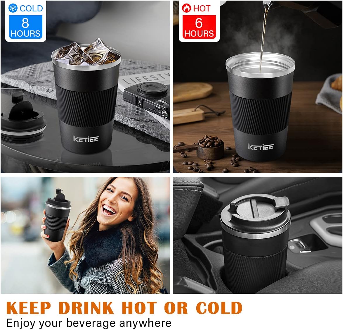 KETIEE Travel Mug, 380ml Insulated Stainless Steel Cup with Double Wall - Leakproof, Hot/Cold Drinks - Black - Image 3