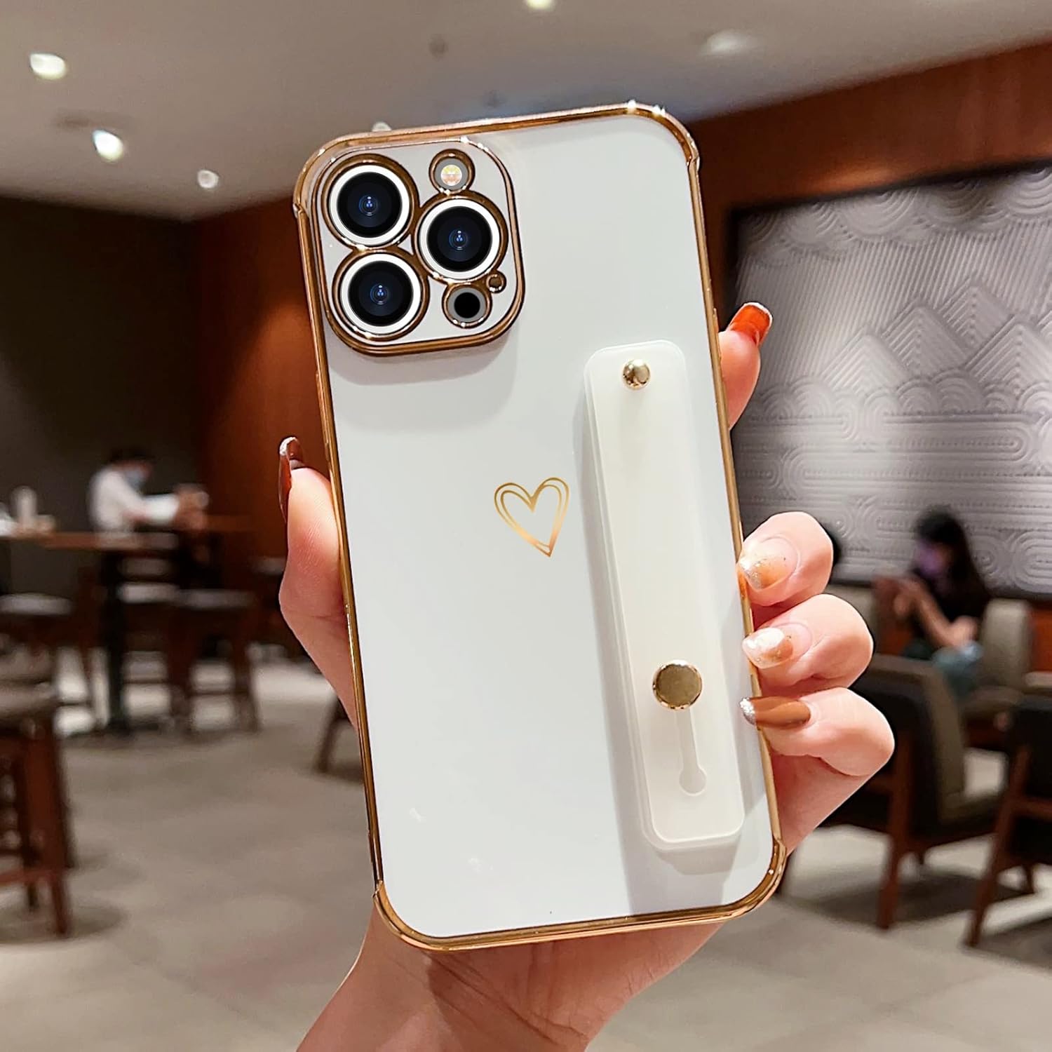 for iPhone 15 Pro Case for Women Girls, Bling Luxury Plated Bumper with Cute Love-Heart Design, Adjustable Hand Strap Stand, Raised Edges Shockproof Protection for iPhone 15 Pro - White - Image 2