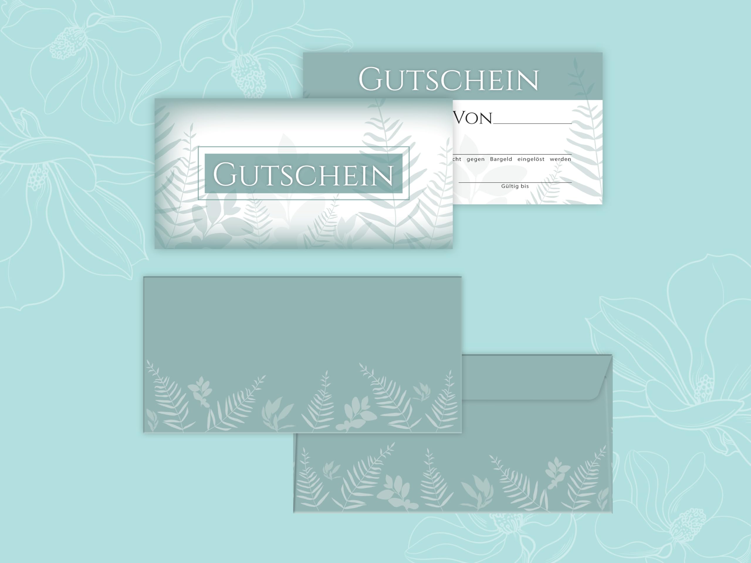 250 Gutscheine DIN lang (21x10,5 cm)+ 250 Kuverts DIN lang (22x11 cm) Natur Grün Eukalyptus Blättern Gutscheine zum Ausfüllen Gutschein Geschenk Karte für Massage Wellness Kosmetik Nagelstudio Beauty