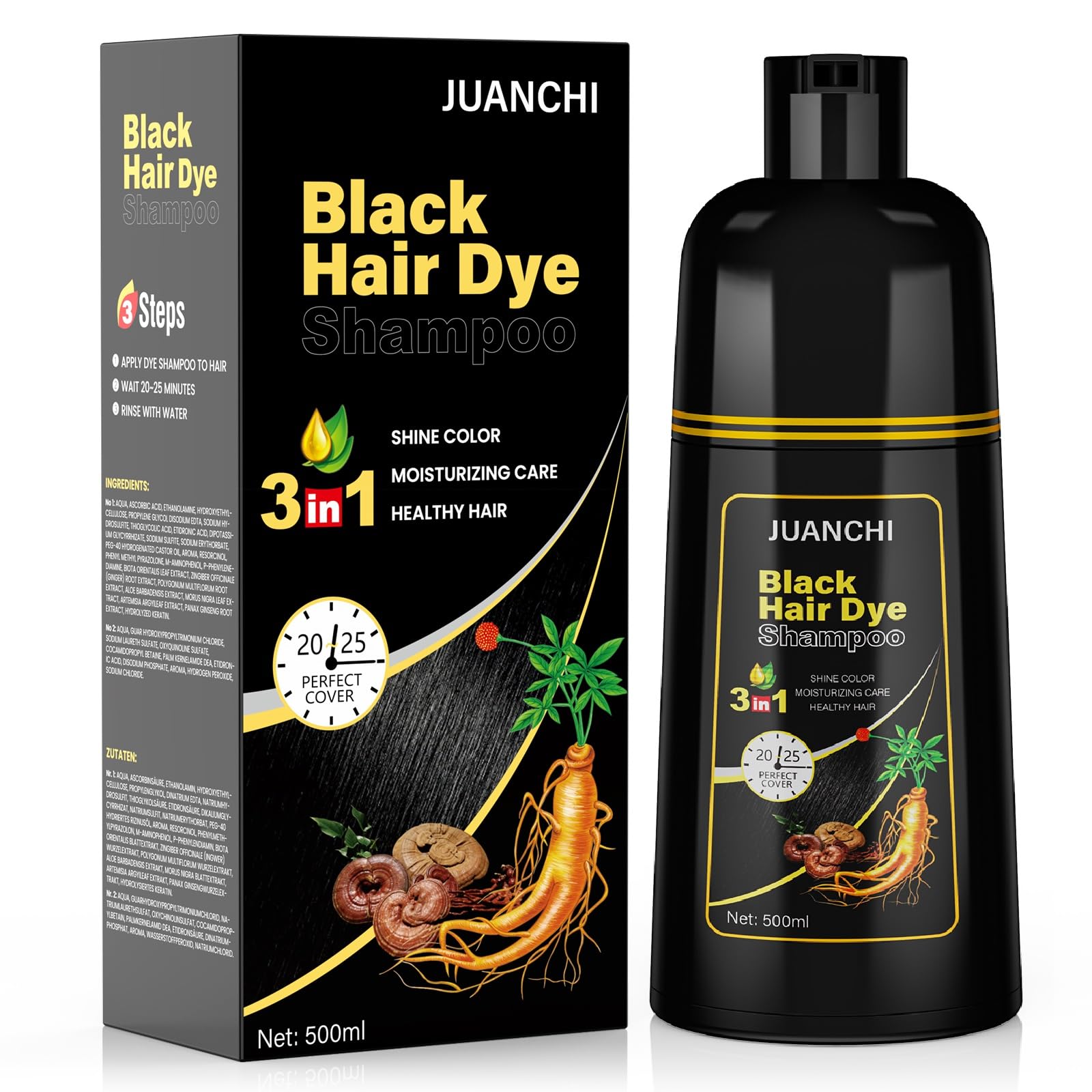 JUANCHI Black Hair Dye Shampoo 3 in1, Black Shampoo Hair Dye for Gray Coverage, Natural Hair Color for Women Men, Herbal Formula, Ammonia-free, Lasts 30 Days, 500ml (16.90 oz)