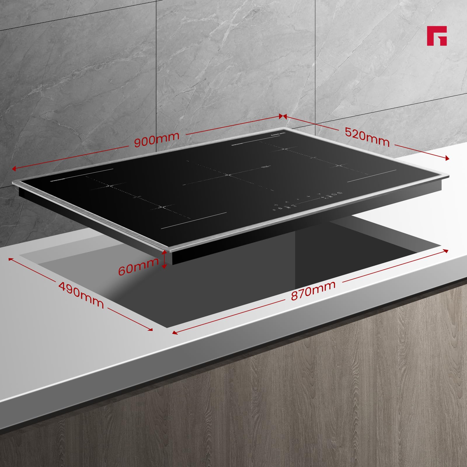 GASLAND IH905BFB Plaque de Cuisson Induction encastrable 90 cm, 5 foyers avec cadre en inox, zone spéciale BBQ, PowerBoost, 10000W (Poêle non incluse)