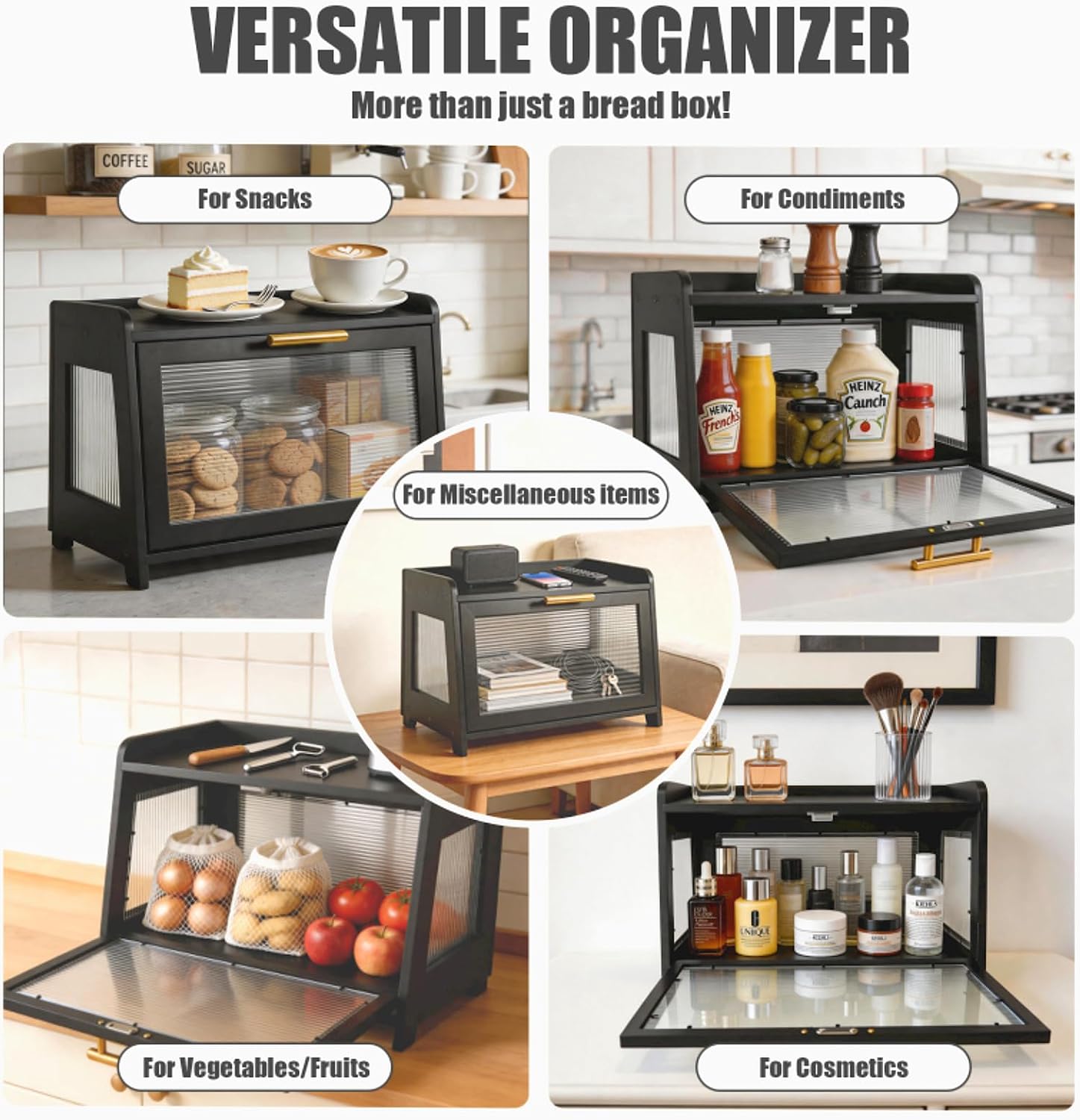 Bread Box for Kitchen Countertop with 4-Acrylic Window, Black Gold Wooden Breadbox Storage Container 17.3" x 10.6" x 12.6", Vintage Large Bread Boxes for kitchen counter and Pantry Organizers