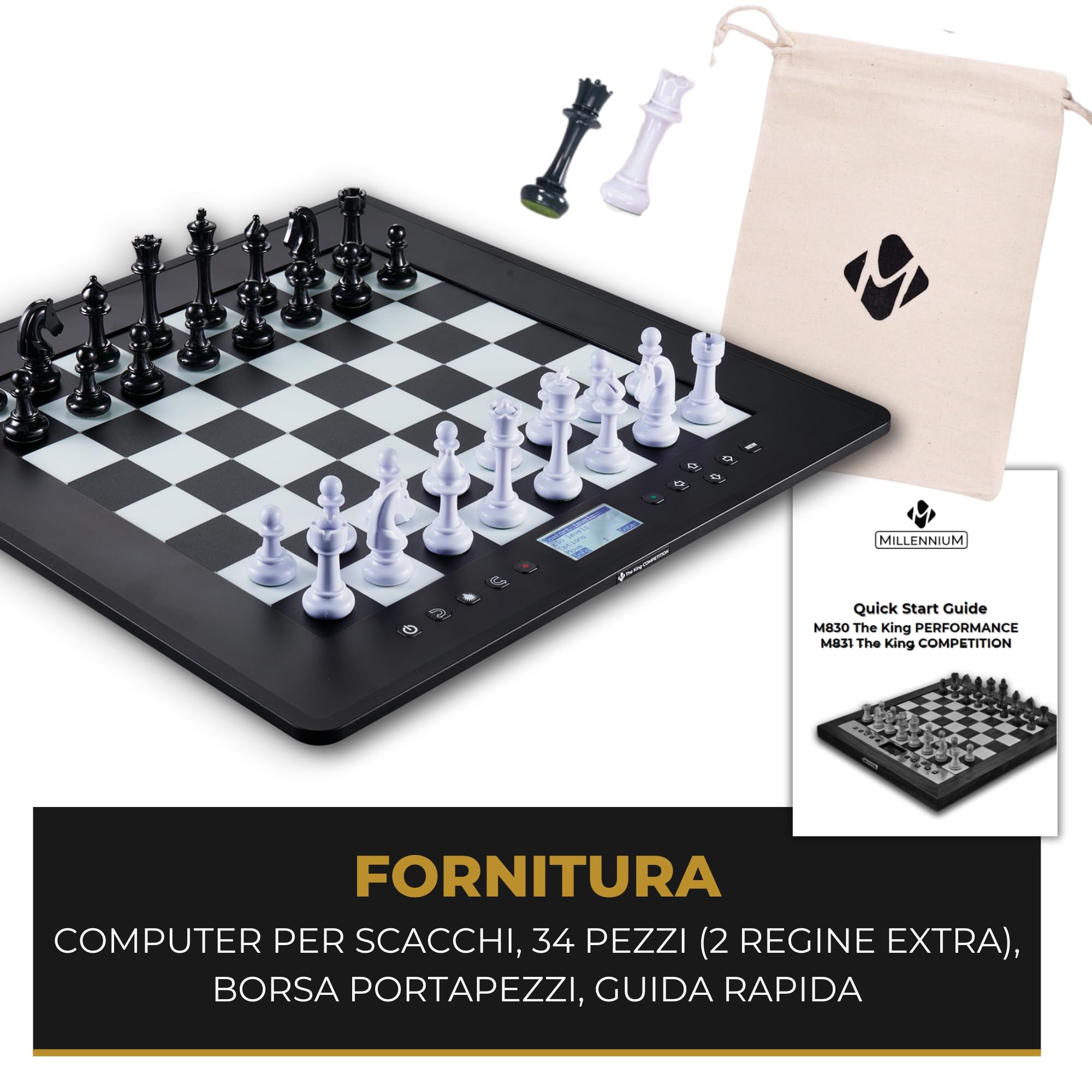 MILLENNIUM The King Competition M831 - scacchiera elettronica con livelli di gioco adattativi. Con livelli adattativi, Chess960 e 81 LED per visualizzare le mosse. Gioco online via modulo ChessLink.