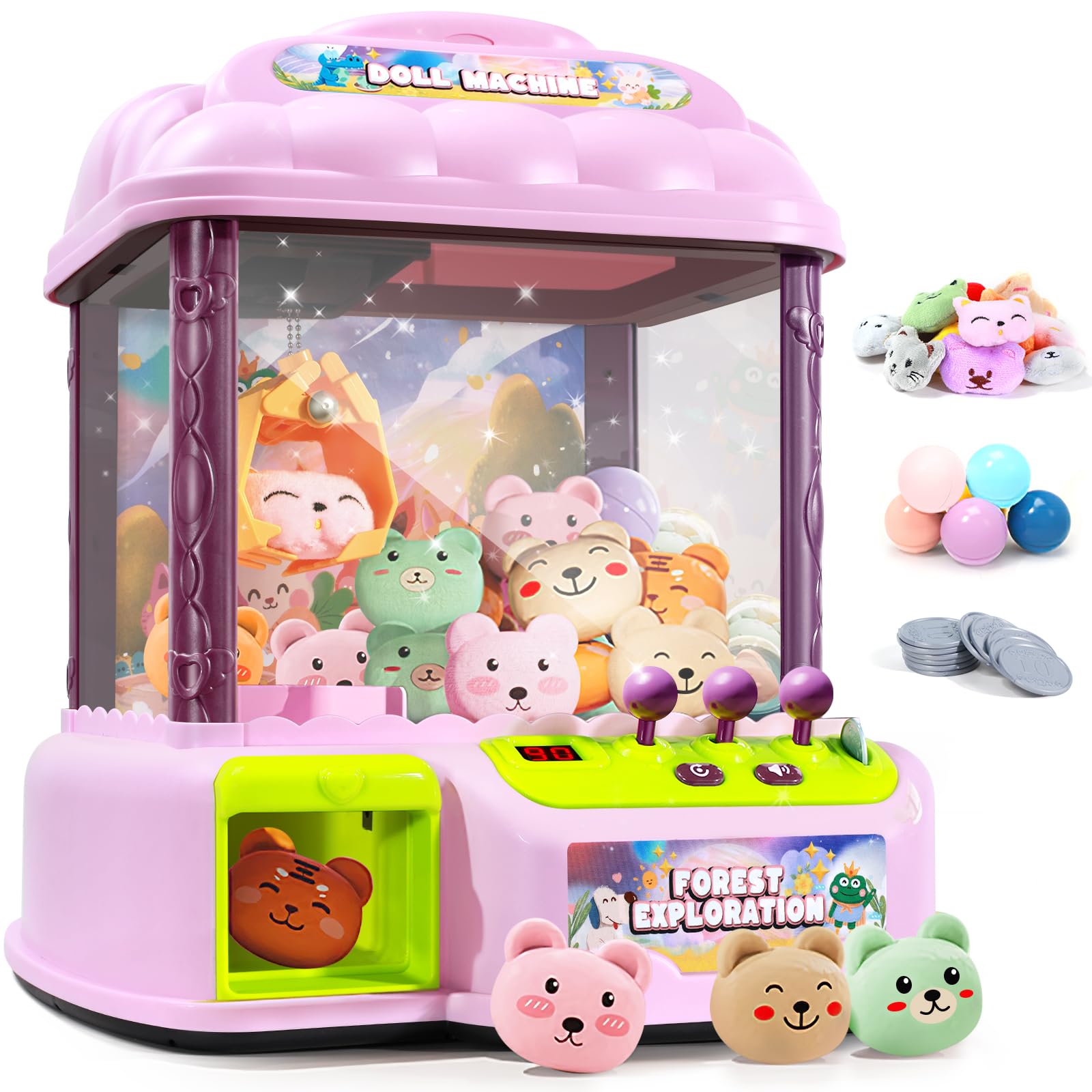 Large Claw Machine for Children, Electronic Arcade Game Console with Adjustable Sound, Birthday Gift for Children, Includes 30 Toys & 24 Game Coins & 20 Surprise Eggs