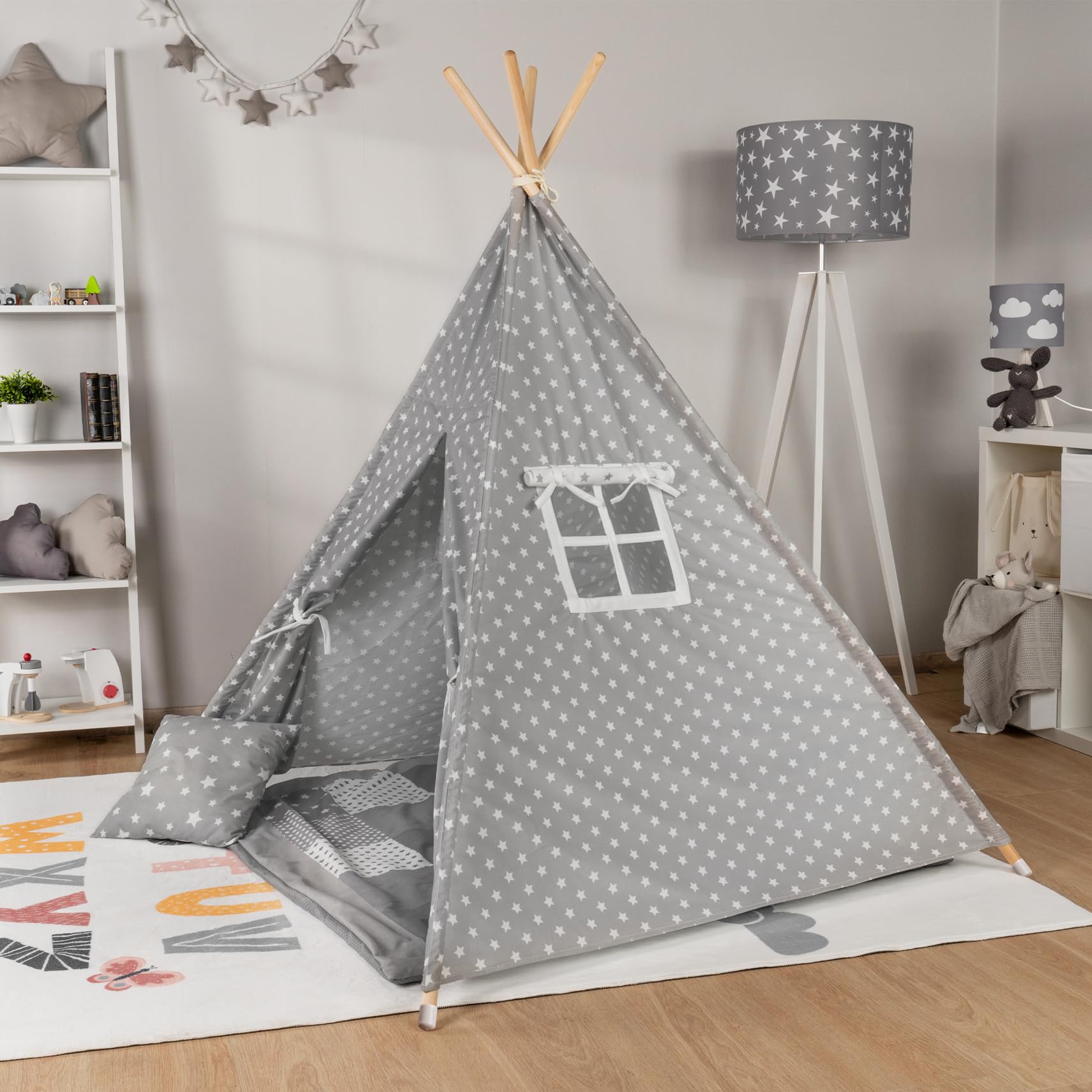 Paco Home Tente pour Enfants Tipi Chambre d'enfant Chambre De Jeu Intérieur Robuste Wigwam Différents Motifs, Couleur:Gris, Sets:avec Accessoires