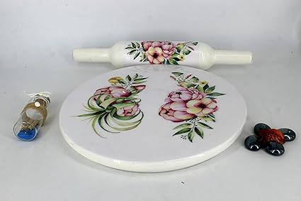 SCHUTCON Printed chakla belan Pure Marble Heavy chakla and a Wooden Polished belan Marble Roti Roller/Chakla Belan/Board/Phulka Maker Flower Chakla belan,