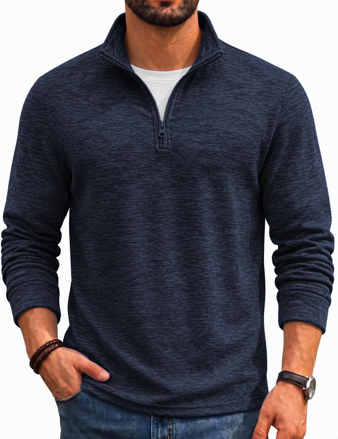 COOFANDY Men's Quarter Zip Pullover Sweater Regular Fit Fleece Sweatshirt | Thermal fleece quarter zip pullover with mock neck and heathered texture, delivers cozy warmth for fall winter daily wear