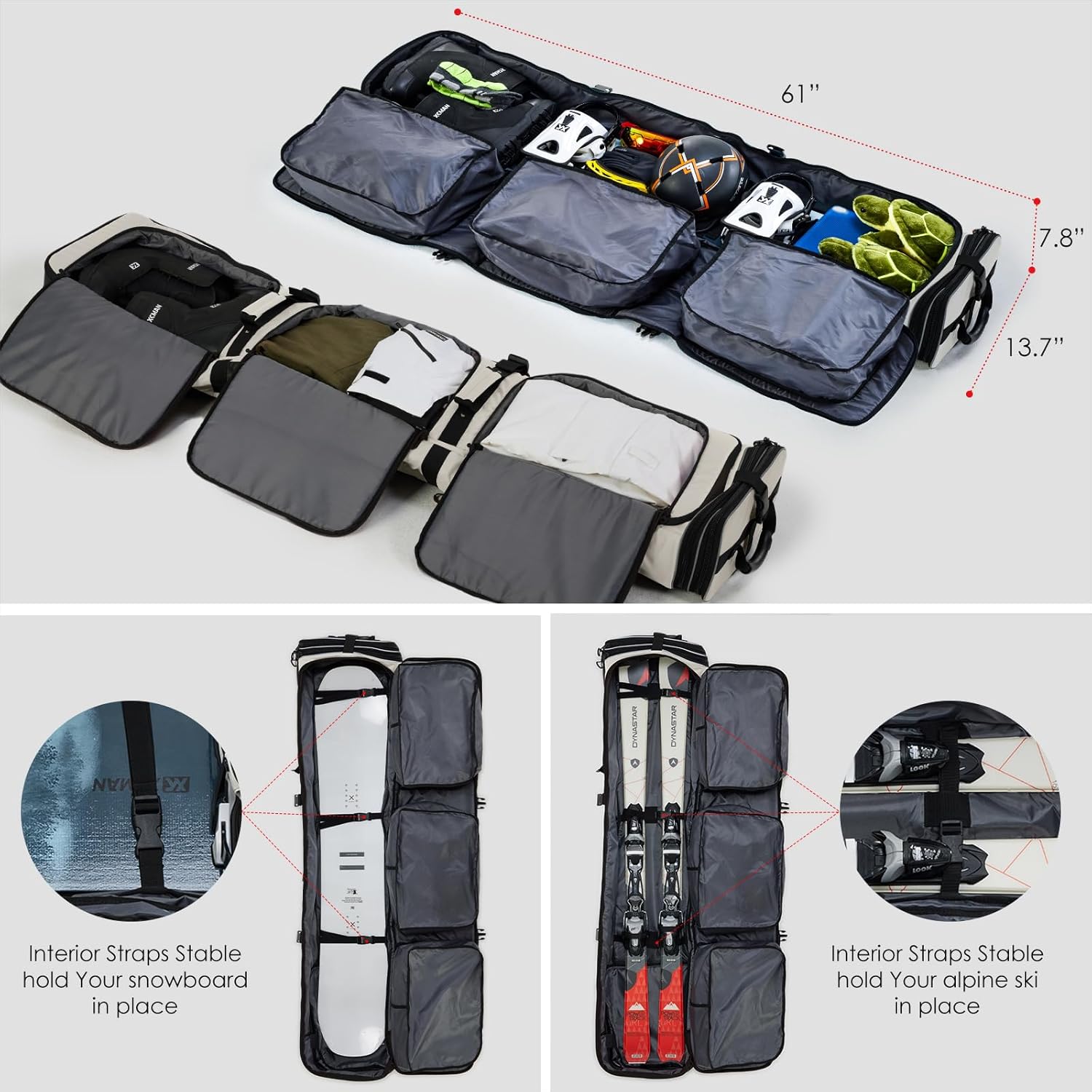 XCMAN Roller Snowboard Bag With Wheels 63-75Inch Adjustable Length Padded Bag for Air Travel Snowboard Boots